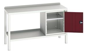 16922606.** verso welded bench with cupboard & steel top. WxDxH: 1500x600x910mm. RAL 7035/5010 or selected